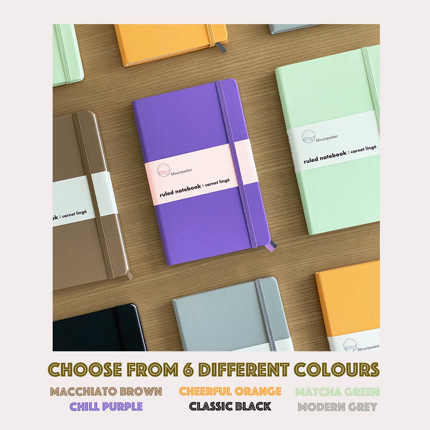 Ruled Lined Notebook Mountparker chill purple matcha green cheerful orange colour lined journal classic black macchiato brown modern grey soft touch hardcover A5